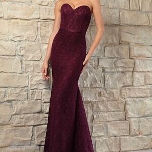 MoriLee Eggplant Purple Strapless Lace Corset Maxi Dress Gown Size 10 NEW NWT